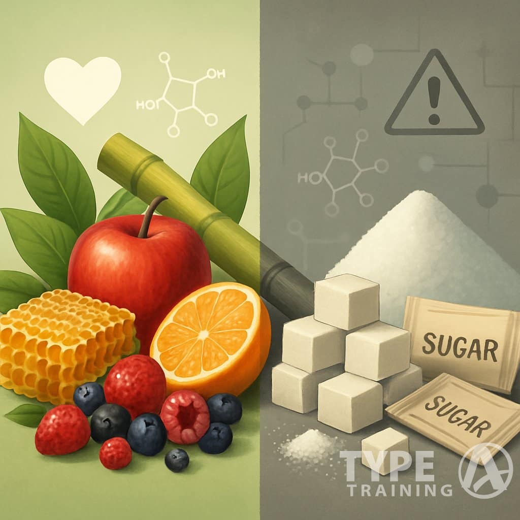 An illustration showing a comparison between natural sugar sources like fruits and honey on one side, and refined sugar in the form of white granulated sugar and sugar cubes on the other side, highlighting their differences and health implications.