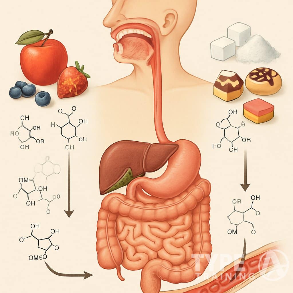 Illustration showing the human digestive system processing natural sugars from fruits on one side and refined sugars like sugar cubes on the other, highlighting different absorption pathways.