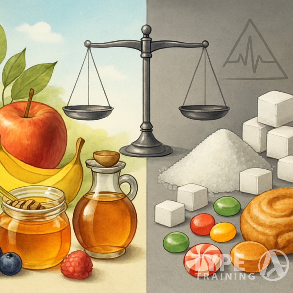 An illustration showing natural sugar sources like fruits and honey on one side, and refined sugar products like white sugar and candies on the other, with a balanced scale between them representing their health effects.