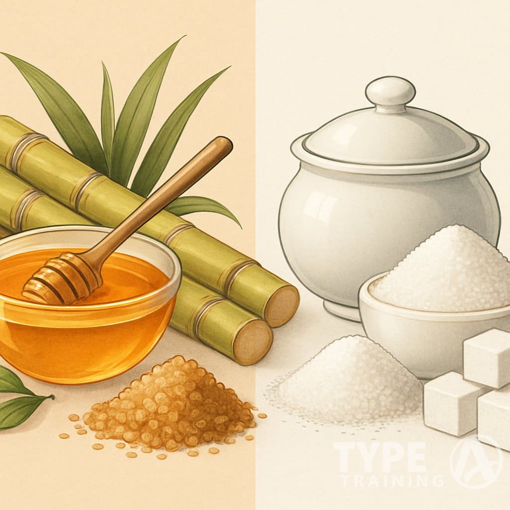 A side-by-side comparison of natural sugar sources like honey and sugarcane on one side, and refined white sugar and sugar cubes on the other, separated by a subtle dividing line.