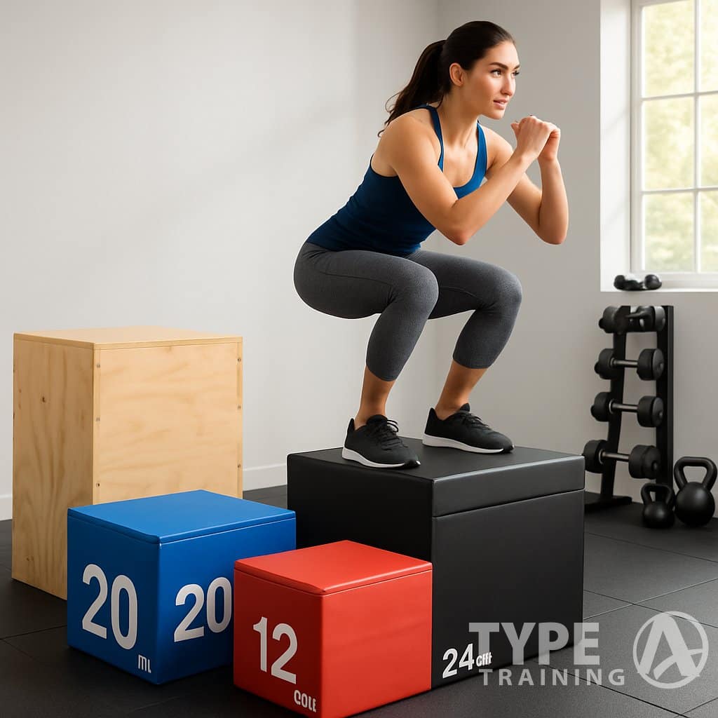 A person performing a jump onto a plyo box in a home gym with various plyo boxes and workout equipment around.