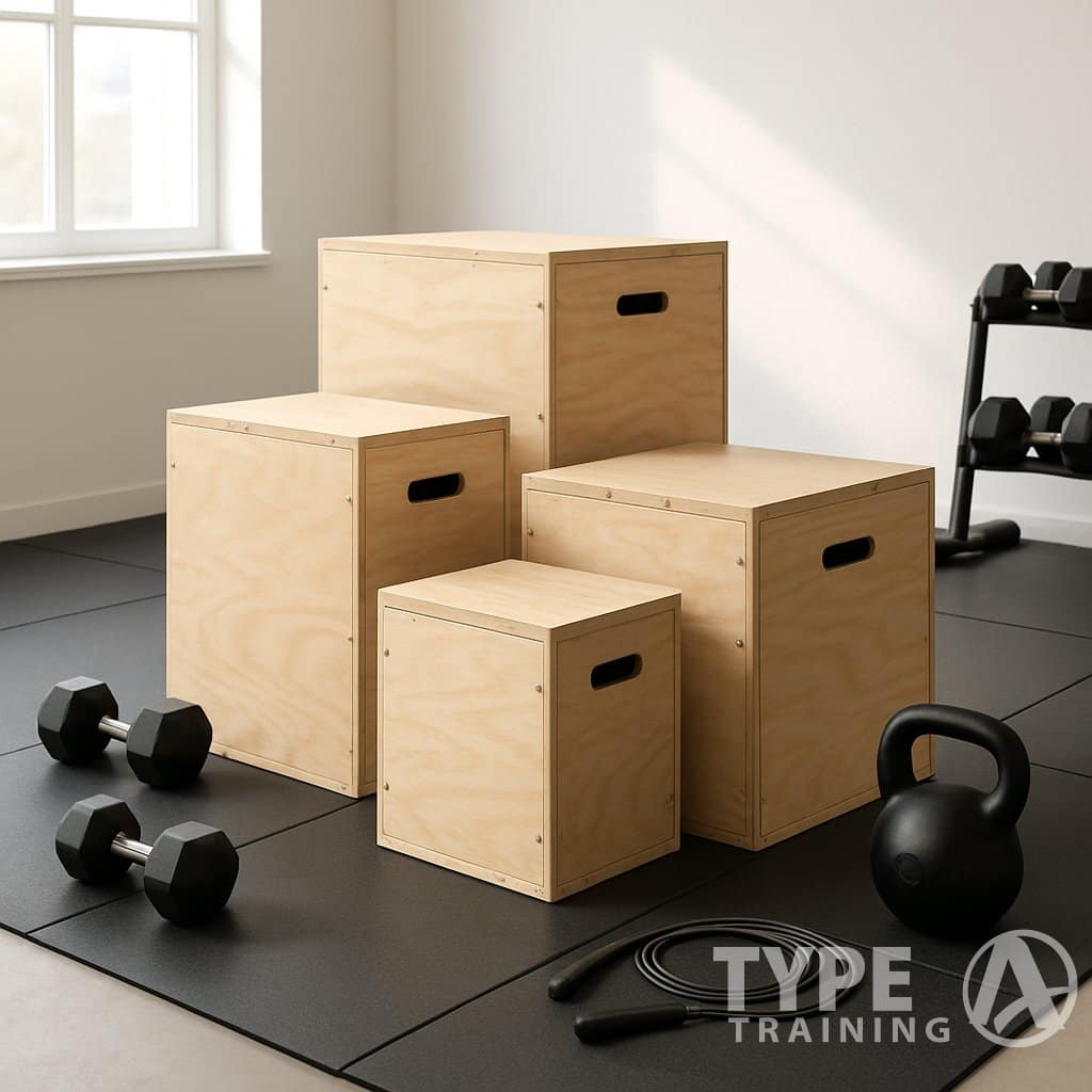 A home gym with three wooden plyo boxes of different sizes arranged on a rubber mat floor, surrounded by gym equipment like dumbbells and a kettlebell.