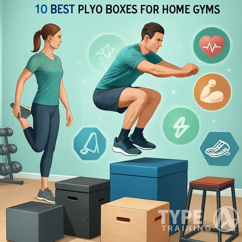 A person performing a plyometric jump onto a plyo box in a home gym surrounded by various plyo boxes and gym equipment, demonstrating safe and effective exercise.