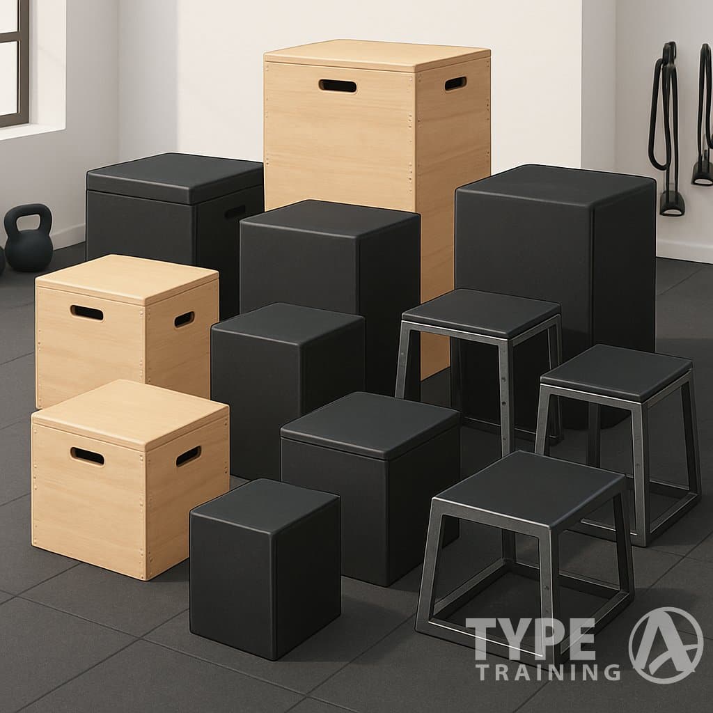 A home gym with ten different plyometric boxes of various sizes and materials arranged neatly on a rubber gym floor.