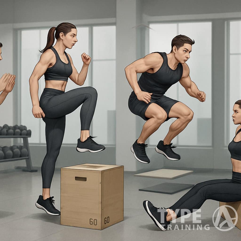 Two athletes performing different plyometric box exercises in a gym, including box jumps, step-ups, lateral jumps, and box dips, with gym equipment in the background.