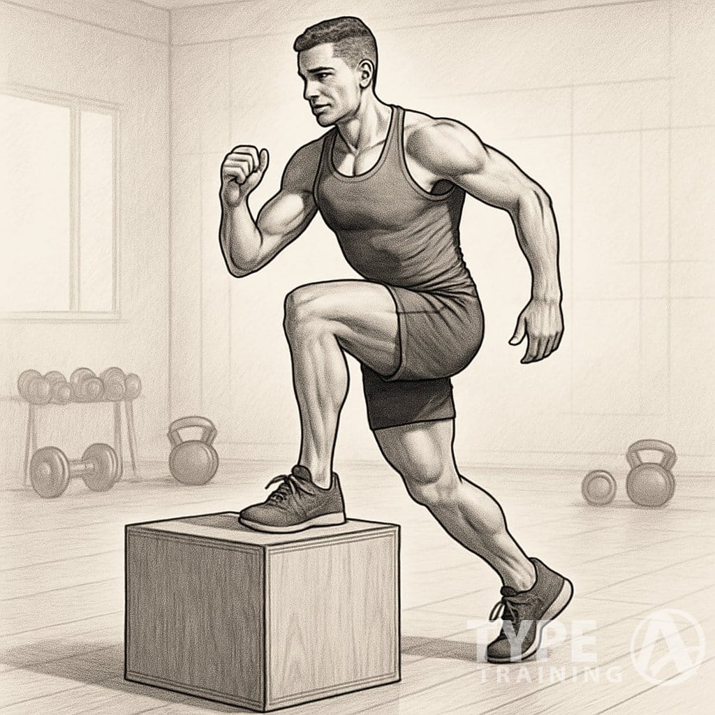 A person performing a lateral box step-up exercise on a plyometric box in a gym.