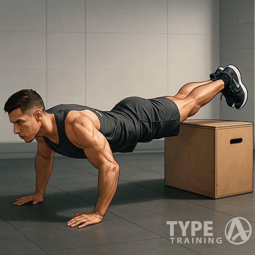 A person doing a decline push-up with their feet on a plyometric box in a gym.