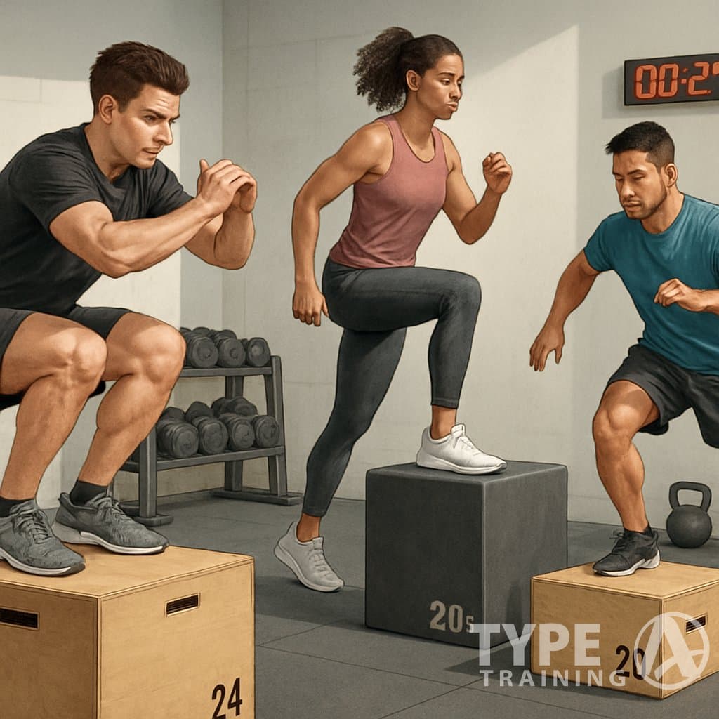 A gym scene showing athletes performing different plyometric box exercises like box jumps, step-ups, and lateral hops using sturdy plyo boxes.