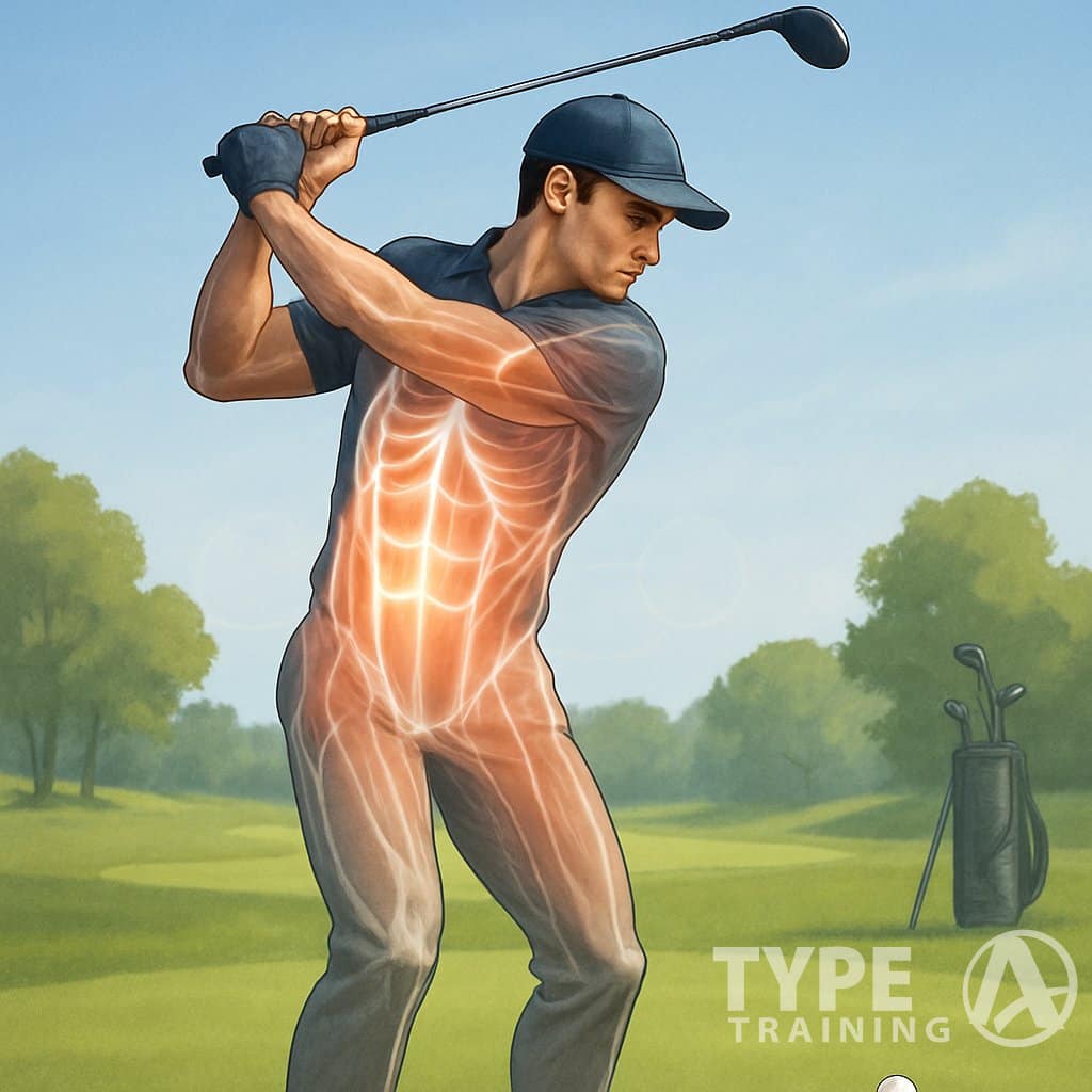 A golfer swinging on a golf course with highlighted core muscles showing strength and stability.