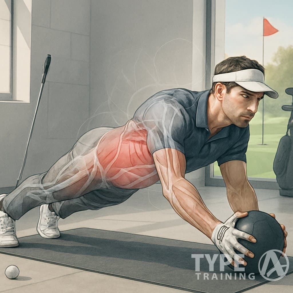 A golfer performing a core exercise in a gym with golf equipment nearby, focusing on strengthening muscles used in the golf swing.