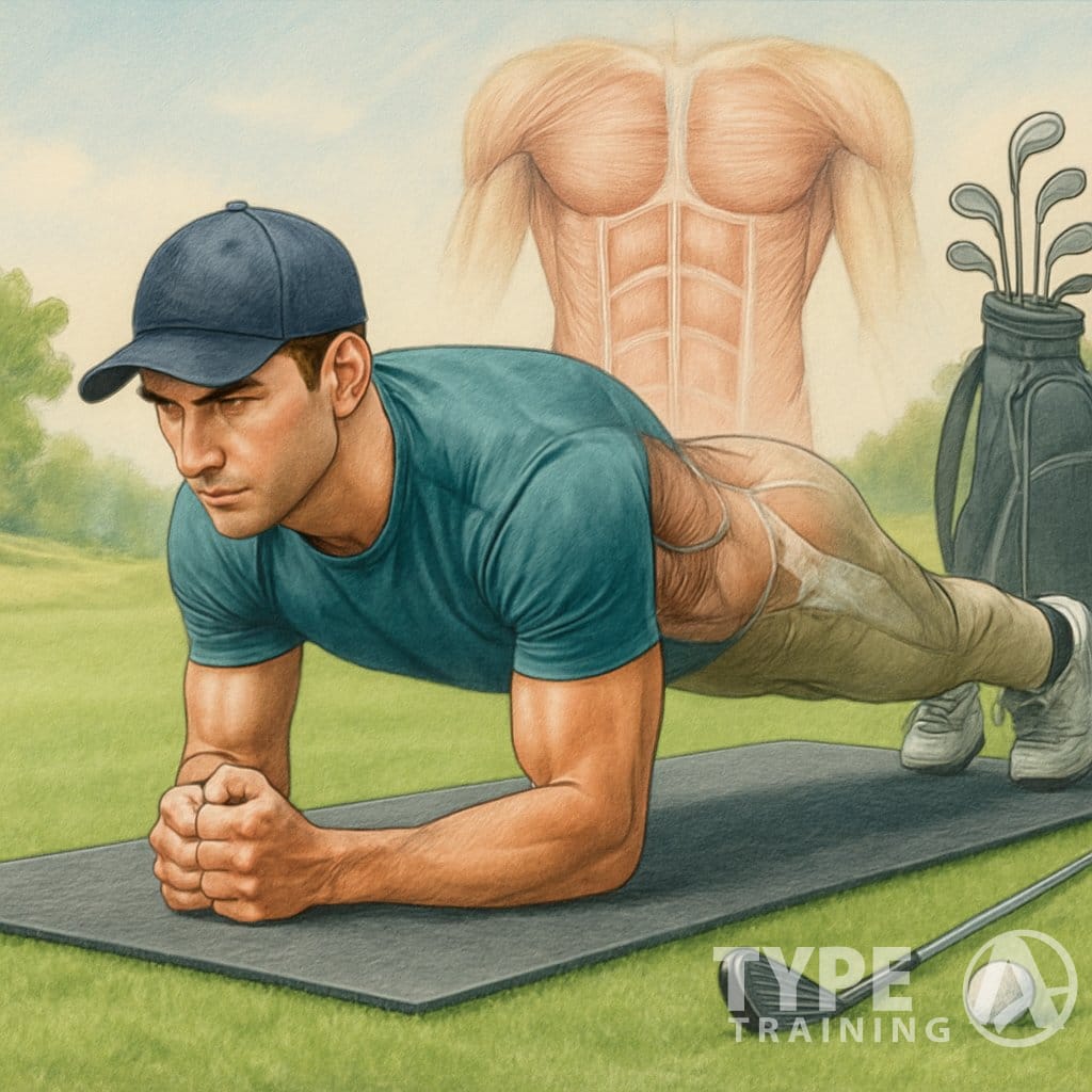A golfer performing a plank exercise on a yoga mat on a golf course with golf clubs and a ball nearby.