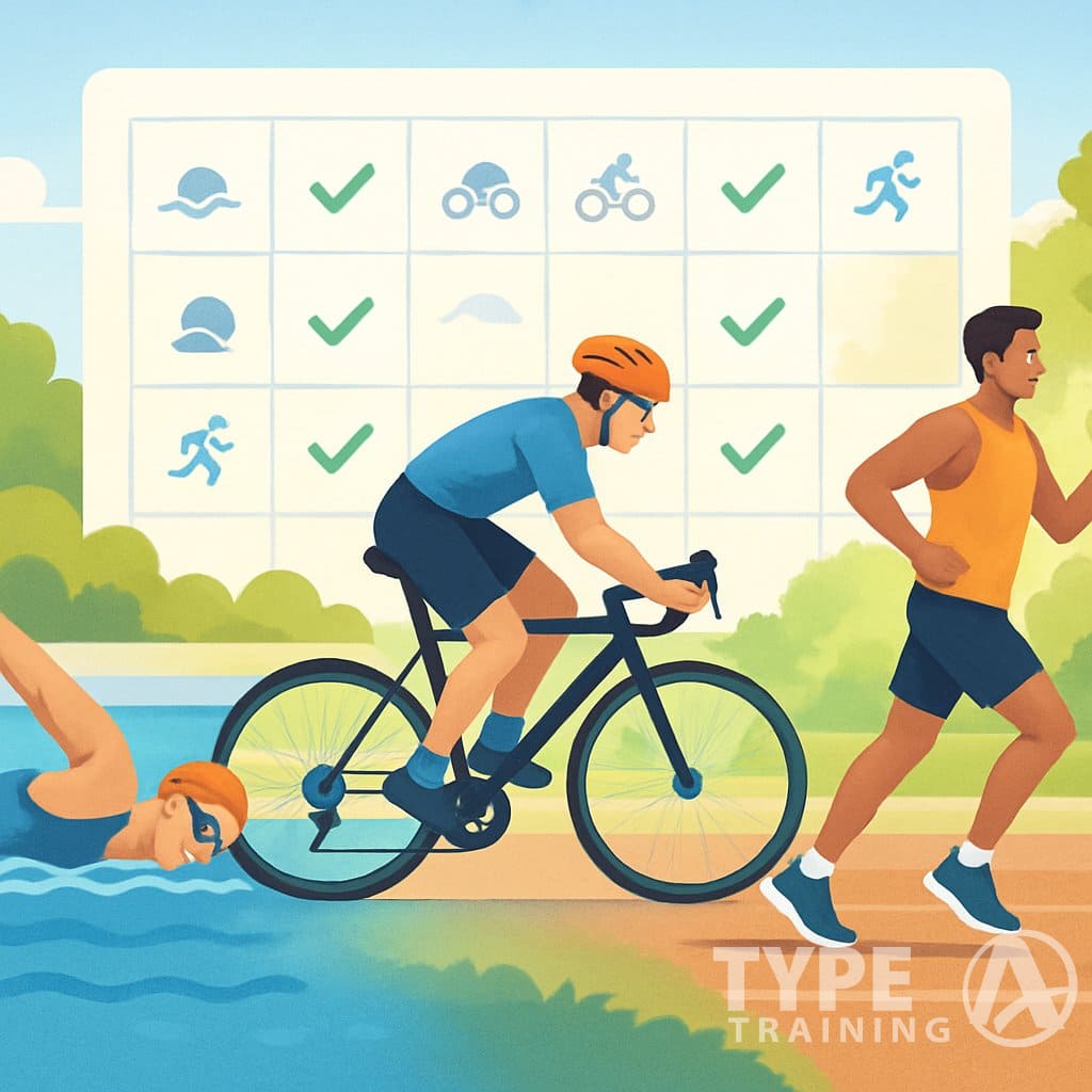 A swimmer in a pool, a cyclist on a road bike, and a runner on a trail, representing the three activities of a sprint triathlon training plan for beginners.
