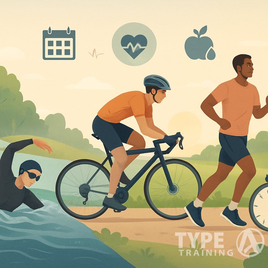 A group of athletes swimming, cycling, and running outdoors, with training-related icons floating above them.
