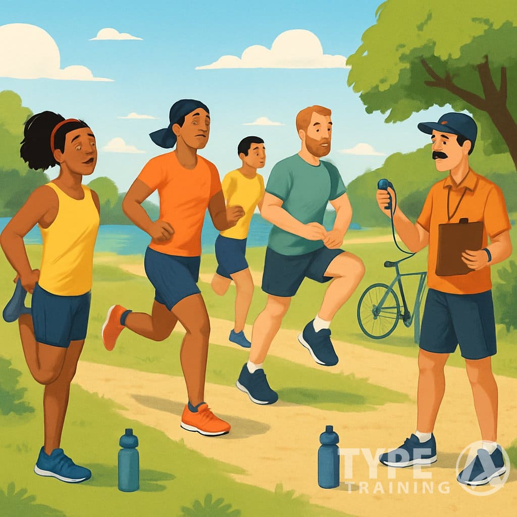 A group of beginner triathletes warming up outdoors with a coach, surrounded by running and cycling gear near a lake.