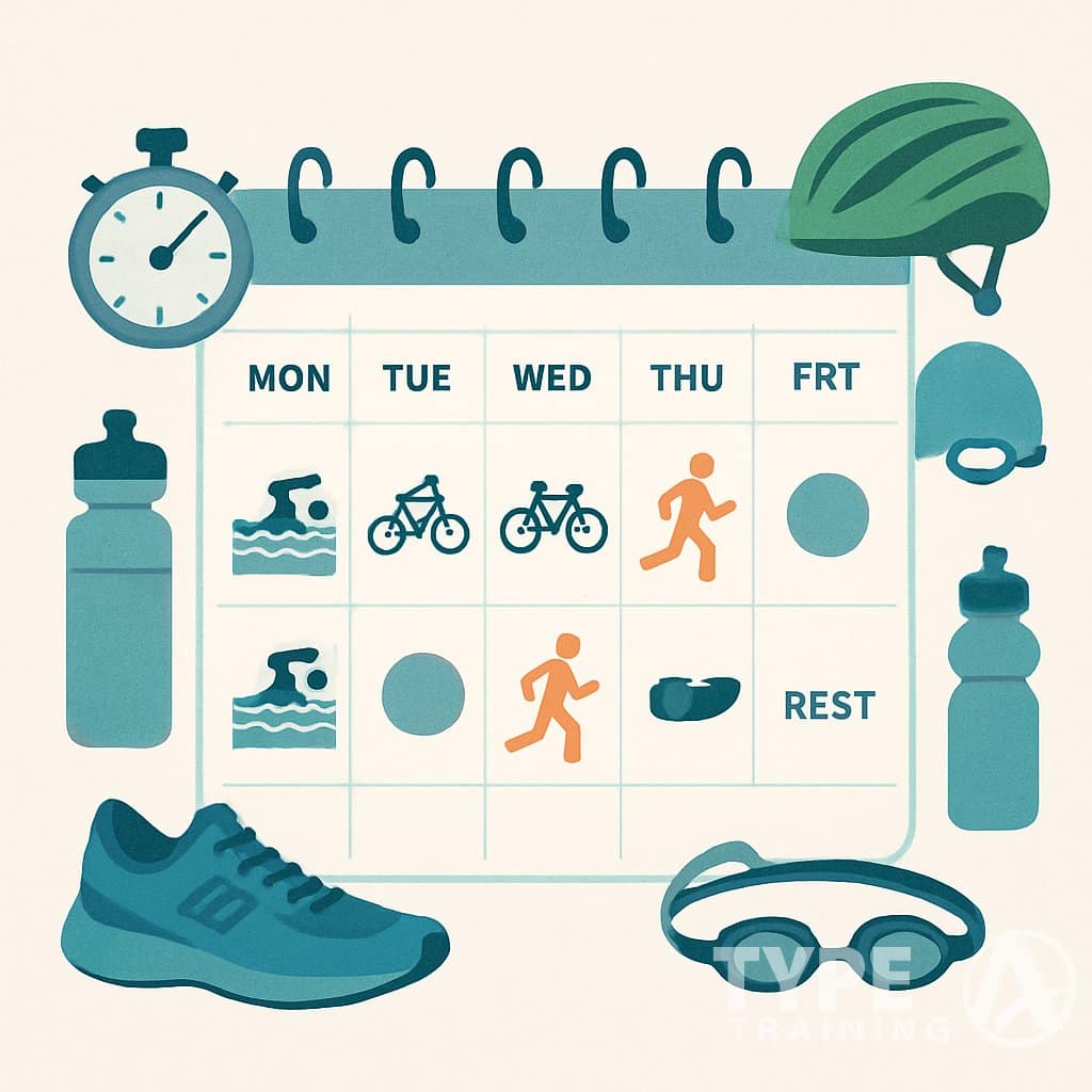 A weekly training calendar showing icons for swimming, cycling, running, and rest days, surrounded by triathlon gear like a stopwatch, water bottle, running shoes, bike helmet, and swimming goggles.