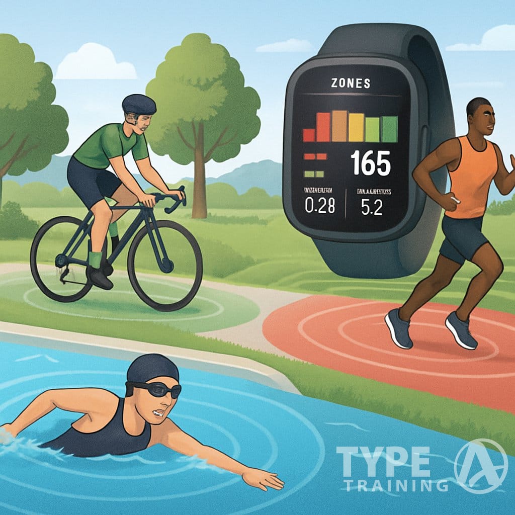 Three athletes swimming, cycling, and running with color-coded zones around them, alongside a digital fitness tracker showing training data.