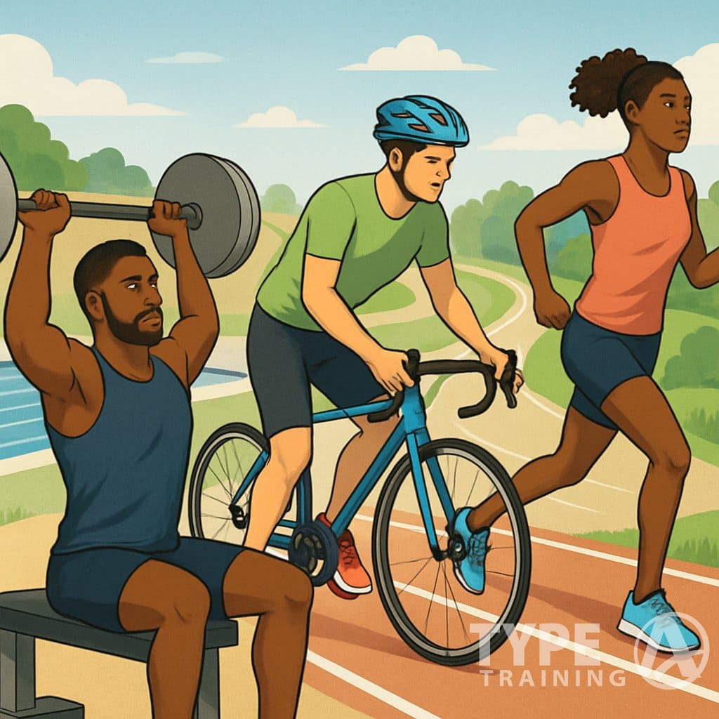 A group of athletes training outdoors, including weightlifting, cycling transitioning to running, and sprinting on a track.