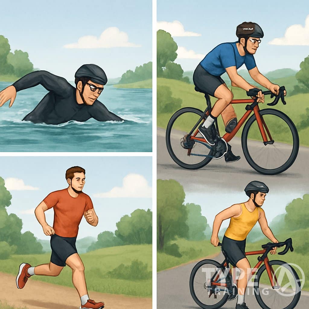An athlete shown training for a sprint triathlon in four stages: swimming in open water, cycling on a road, running on a trail, and transitioning from cycling to running.