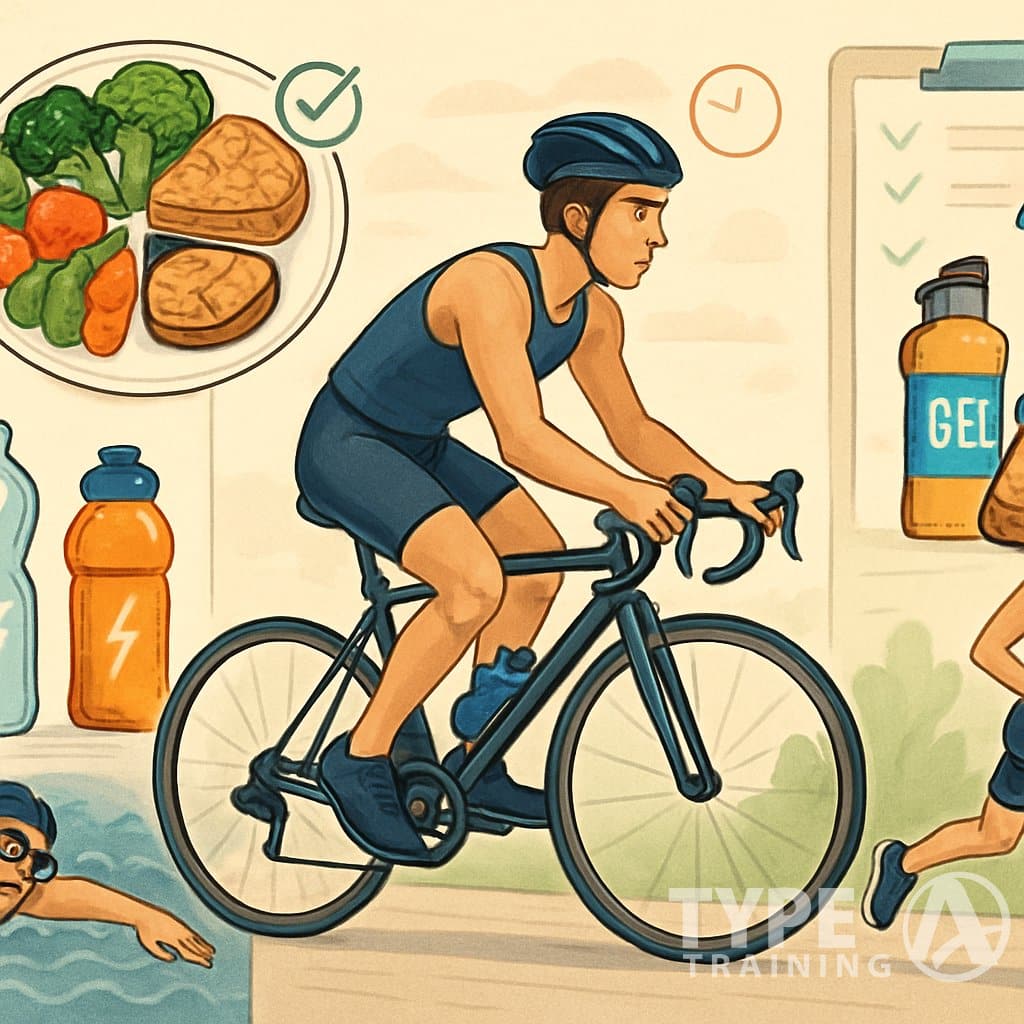 A beginner triathlete training by swimming, cycling, and running, surrounded by images of healthy food, water bottles, and energy snacks representing nutrition and hydration strategies.