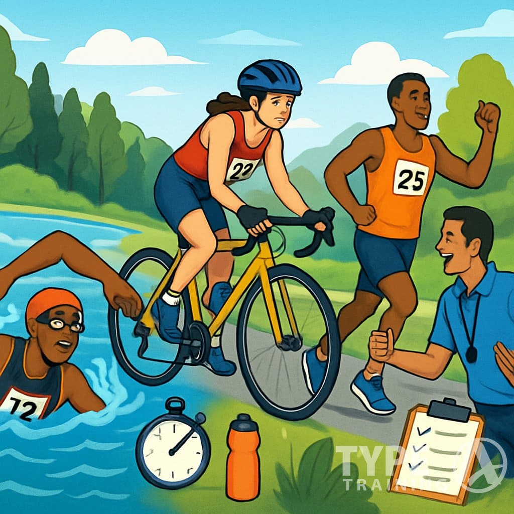 A group of athletes swimming, cycling, and running outdoors with a coach encouraging them, showing a triathlon training scene.
