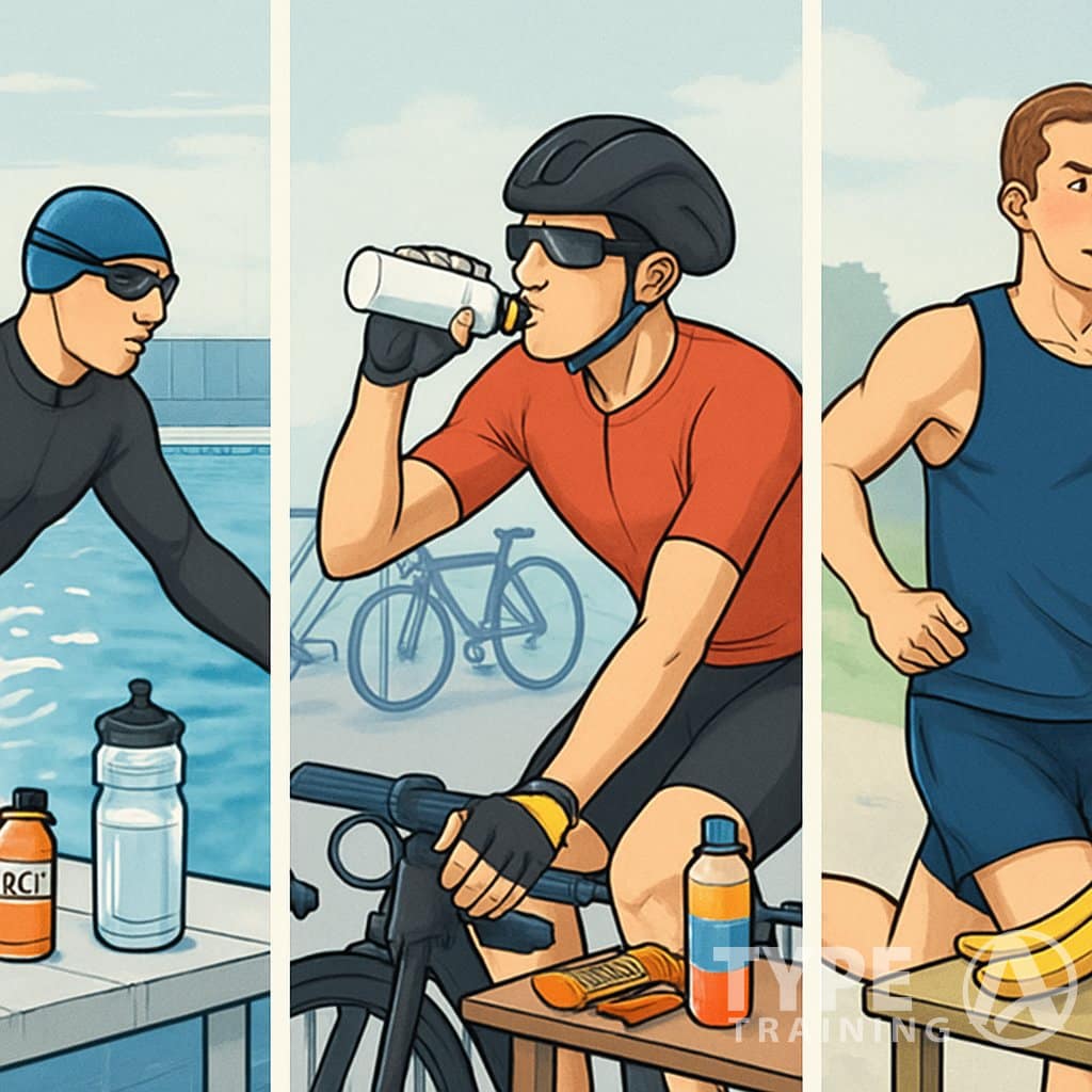 An athlete fueling for a sprint triathlon, shown in three parts: swimming with hydration nearby, cycling while holding a water bottle with energy bars on a table, and running grabbing a snack at a support station.