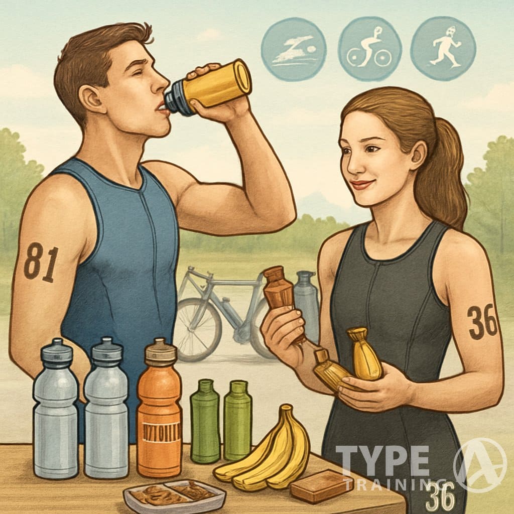 Two triathletes preparing their nutrition with sports drinks and snacks at a race area before a sprint triathlon.
