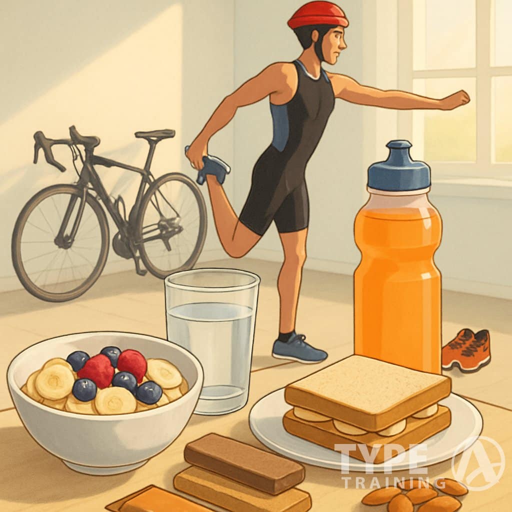 A table with pre-race foods like oatmeal, fruits, sports drink, and energy bars next to a triathlete stretching with a bike and running shoes nearby.