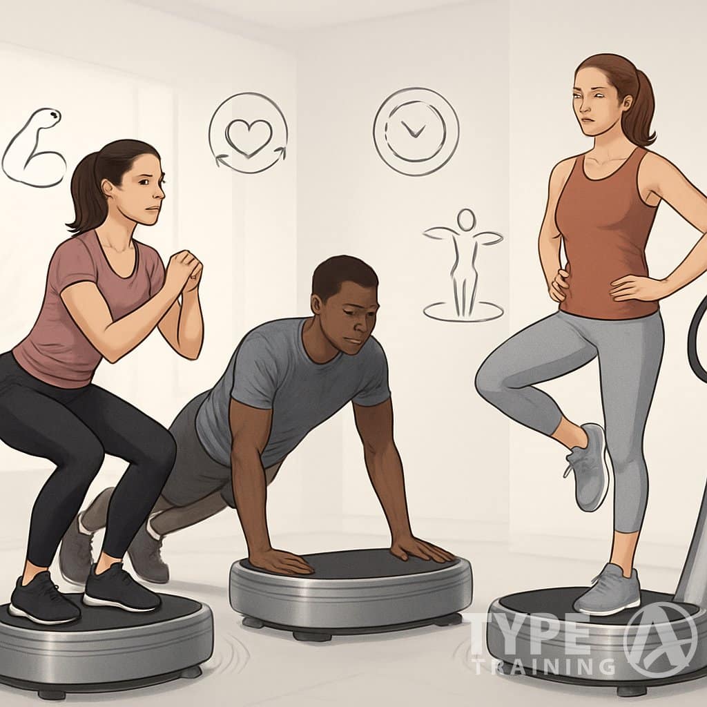 People exercising on vibrating platforms in a gym, demonstrating various Power Plate training exercises.