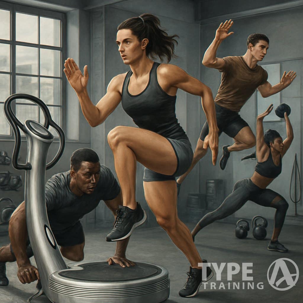 Athletes performing advanced exercises on Power Plate machines in a gym with sports equipment around them.