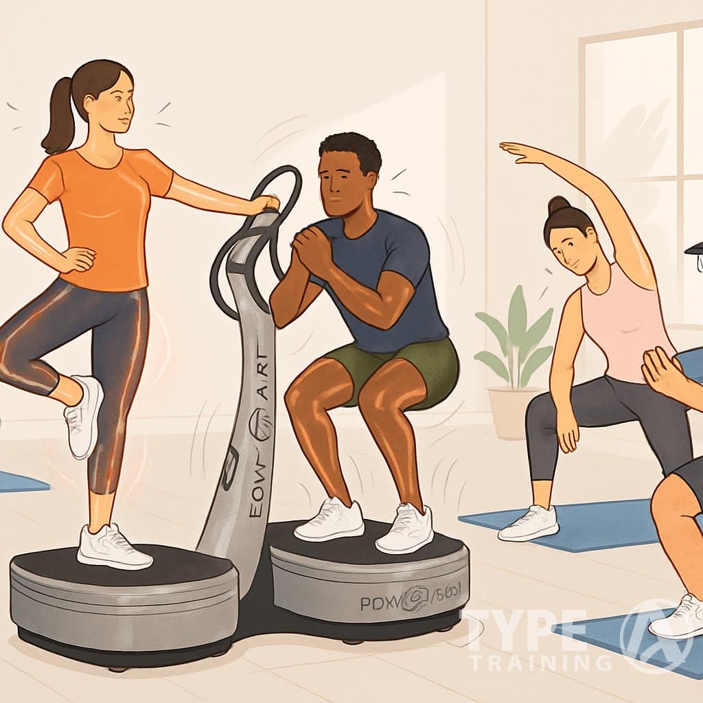 People using a Power Plate exercise machine in a bright fitness studio, performing beginner exercises for weight loss and fat burning.