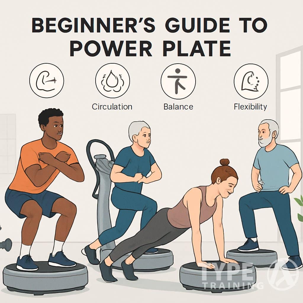 A group of diverse people performing various Power Plate exercises in a bright gym setting, showing different workout positions and equipment.