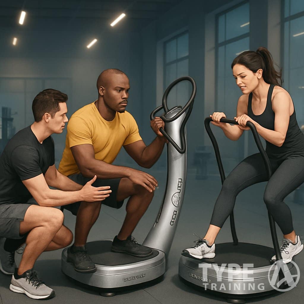 A gym scene with athletes and a trainer demonstrating correct and incorrect ways to use a Power Plate machine.