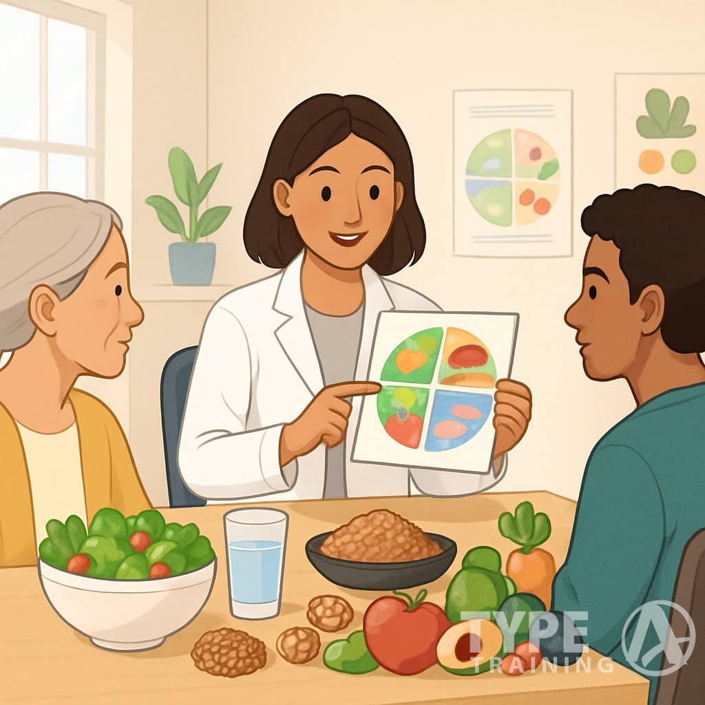 A nutritionist talking with three people around a table with healthy foods like fruits and vegetables in a bright office setting.