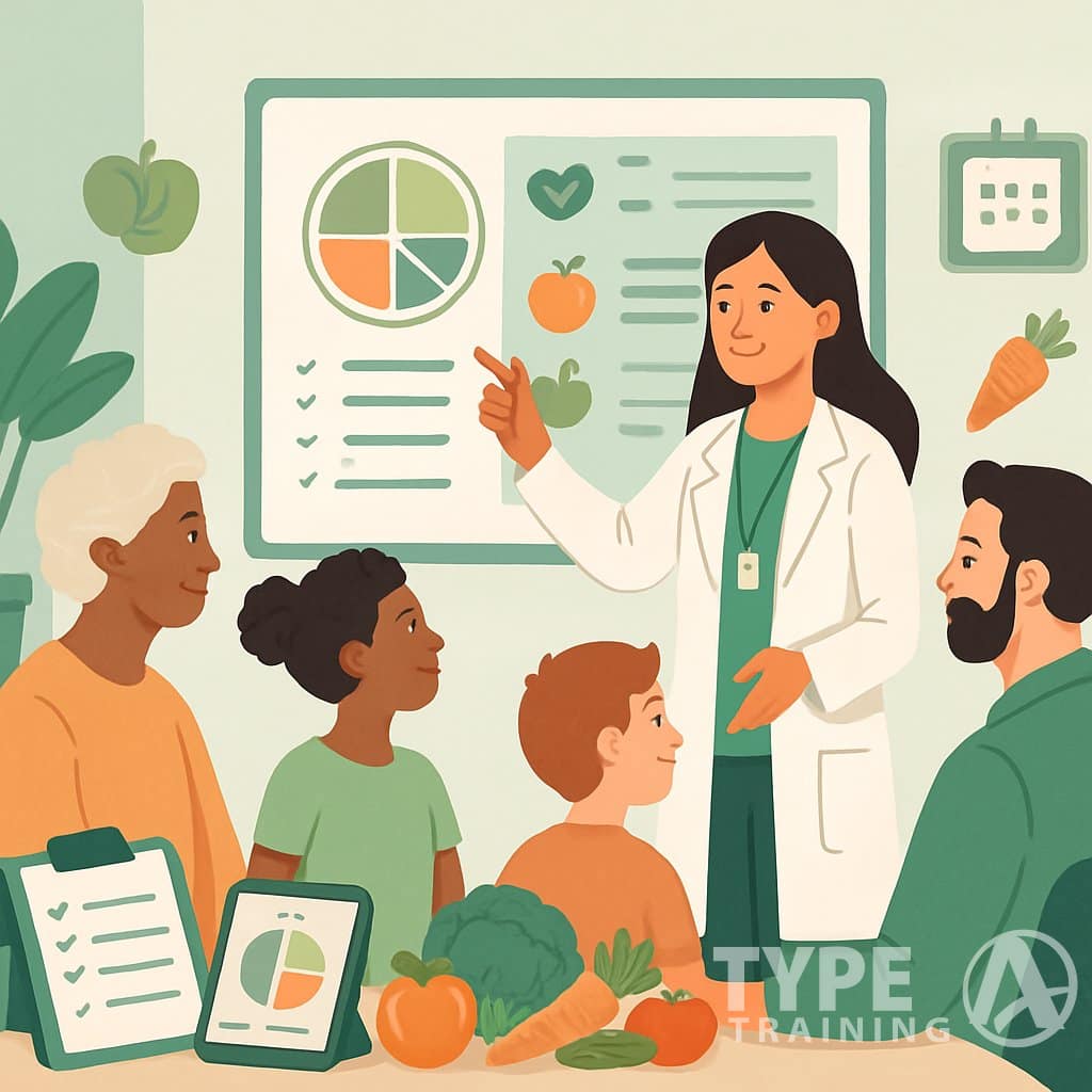 A nutritionist explains nutrition options to a diverse group of people in a bright office with healthy food icons and charts visible.