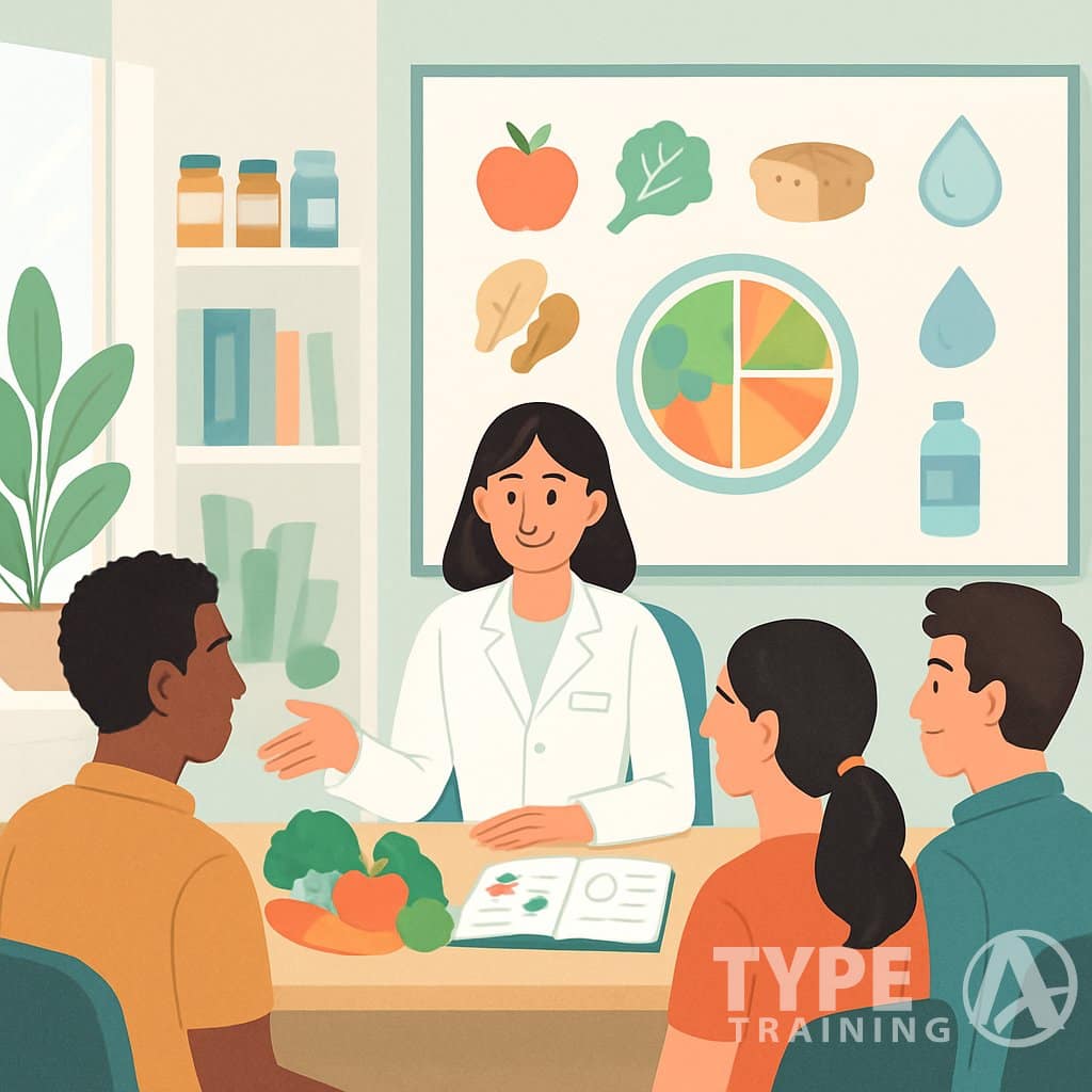 A nutritionist consulting with three beginners in a bright office with fruits, charts, and a whiteboard showing food group icons.