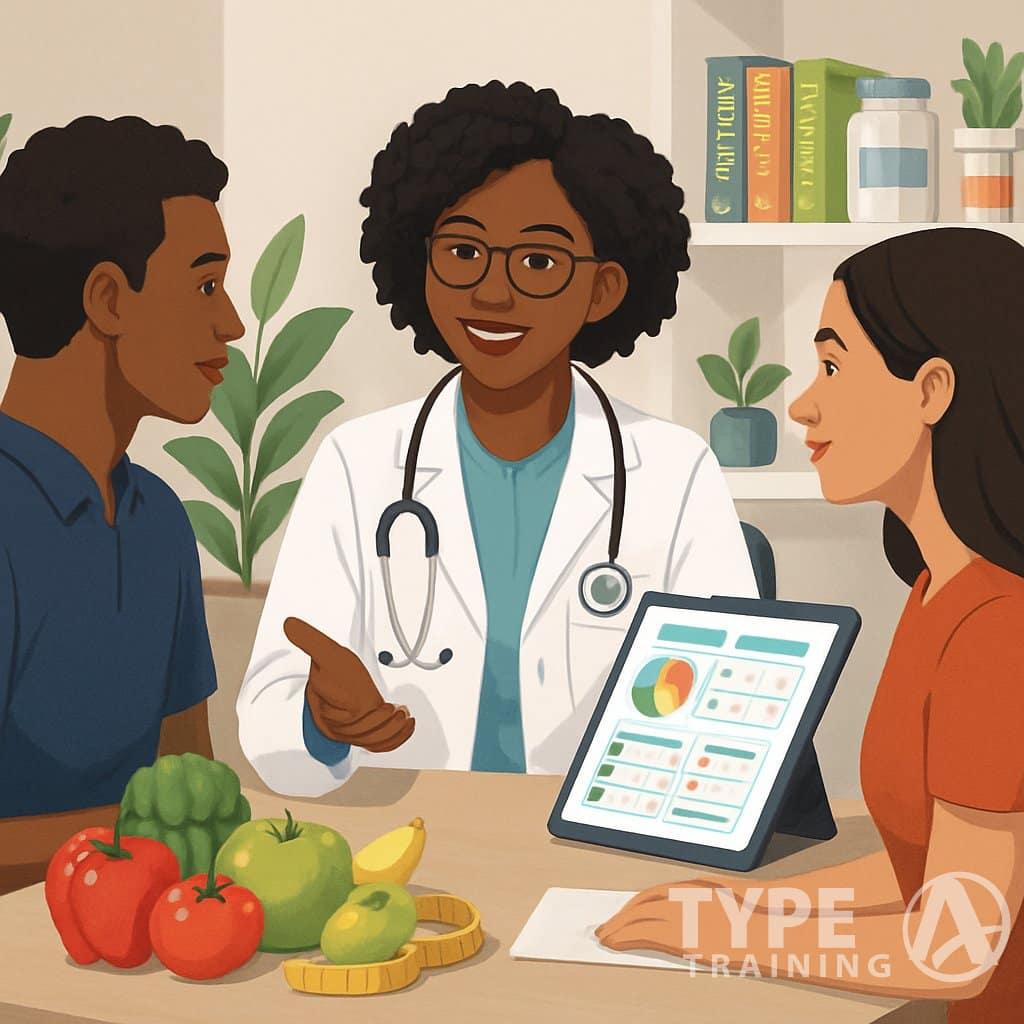 A nutritionist consulting with a client at a desk surrounded by healthy foods and nutrition tools in a bright office.