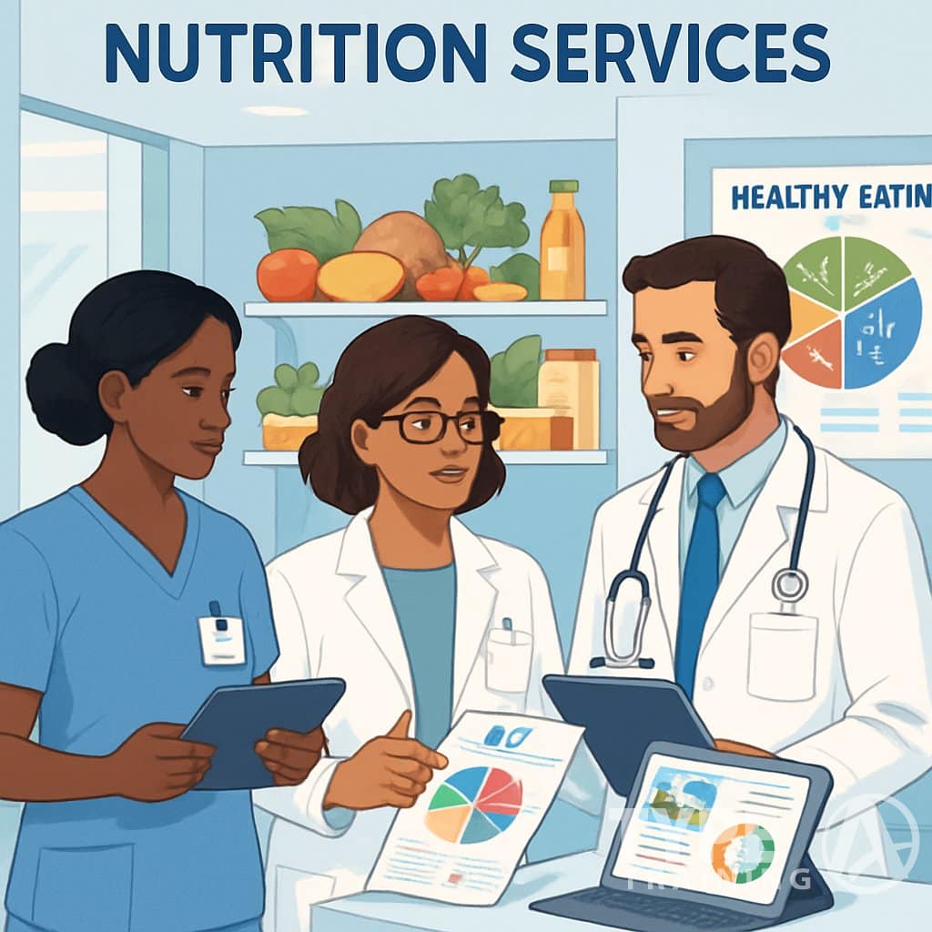 Healthcare professionals discussing nutrition plans in a clinic with fresh healthy foods visible in the background.