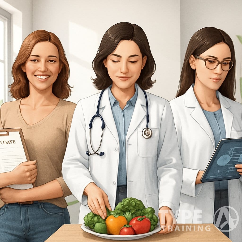 Three female professionals representing a nutrition coach, nutritionist, and dietitian standing together in a bright office with plants and nutrition-related items.