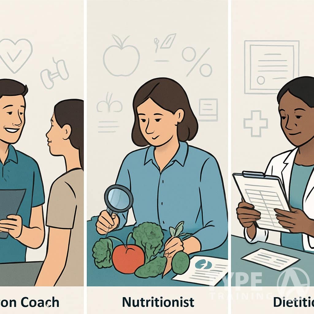 Three professionals representing a Nutrition Coach talking with a client, a Nutritionist analyzing food and charts, and a Dietitian reviewing a meal plan in a clinical setting.