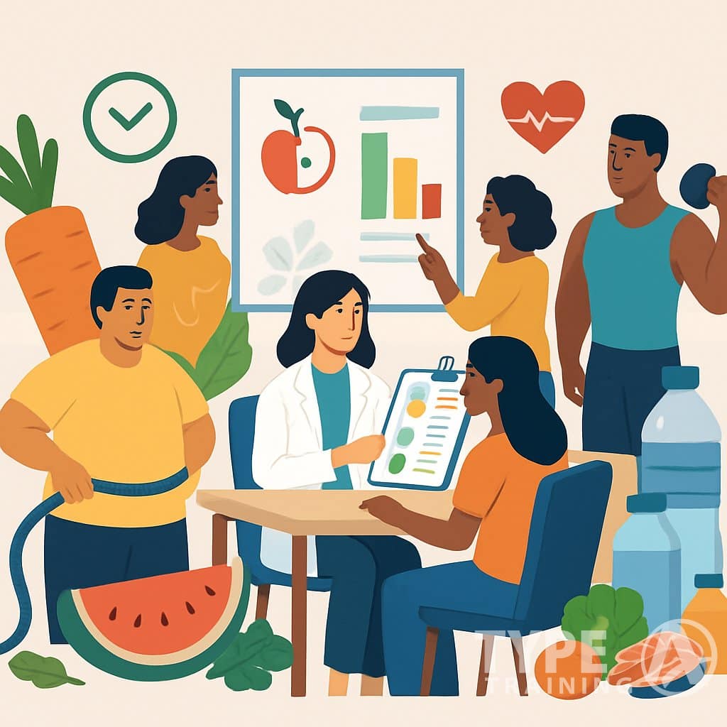 A group of people receiving personalized nutrition advice with healthy foods and symbols representing different health goals.