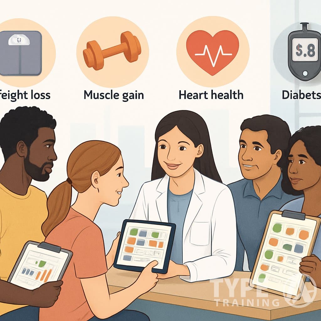 A nutritionist consulting with diverse individuals in a wellness center, showing personalized meal plans and health goal icons like weight loss, muscle gain, heart health, and diabetes management.