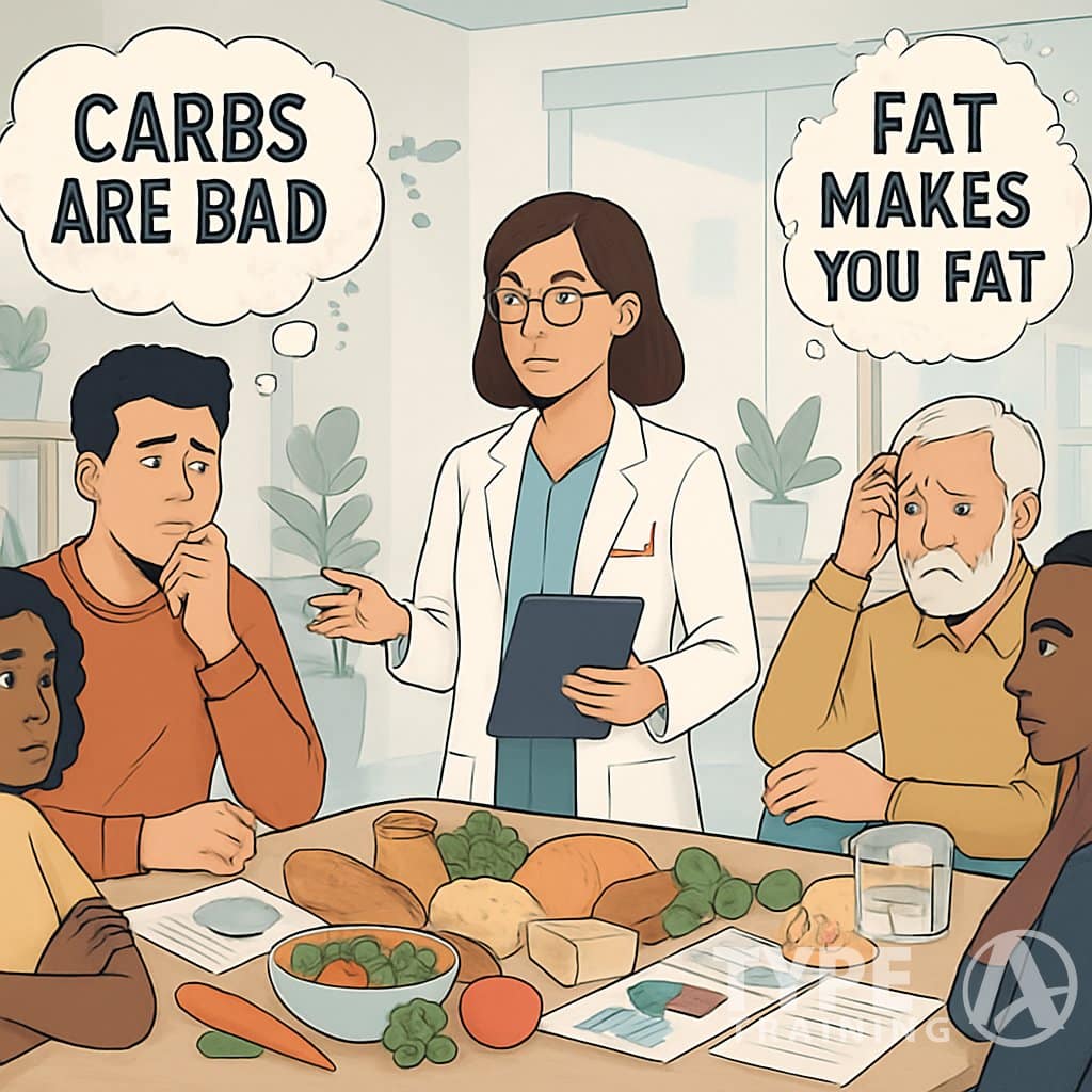 A group of people listening to a nutritionist who is explaining and correcting common nutrition misconceptions around a table with food and charts.