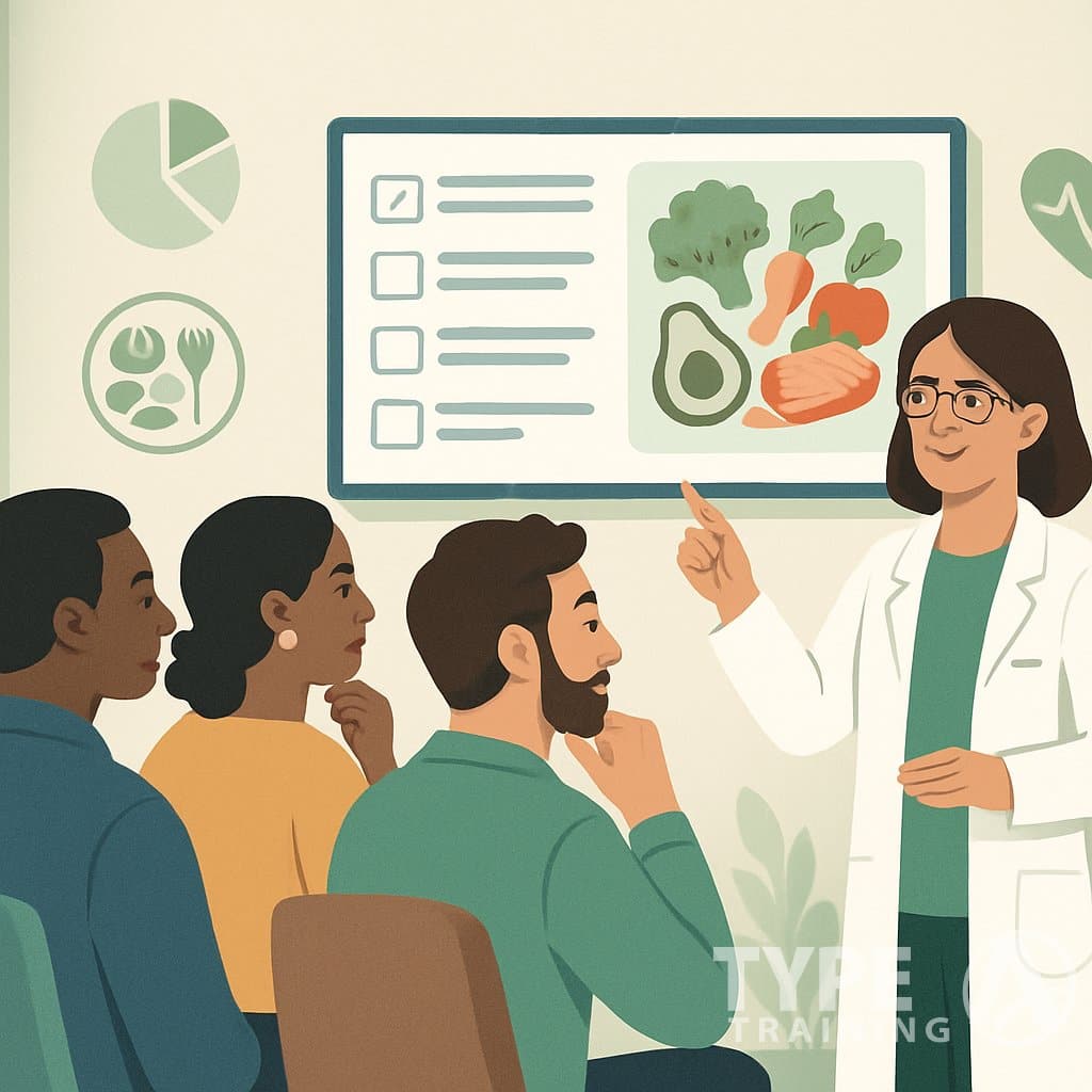 People consulting with a nutritionist in an office, reviewing healthy food options and nutrition plans on a digital screen.