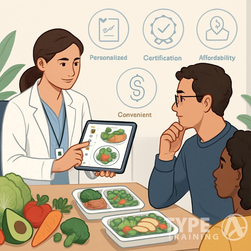 People consulting with a nutritionist surrounded by healthy foods and symbols representing factors to consider when choosing a nutrition service.