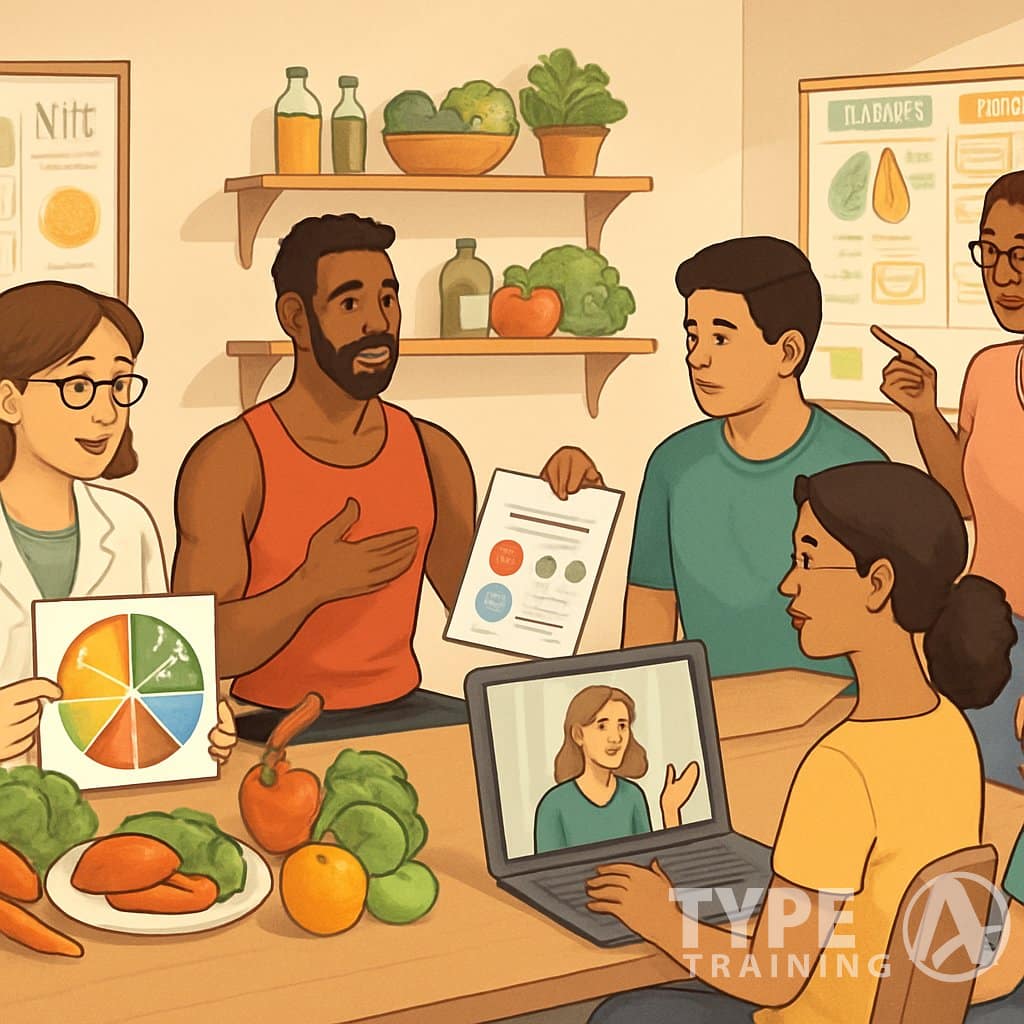 A scene showing people receiving nutrition advice from experts in various settings including in-person consultations, virtual meetings, and group workshops, surrounded by healthy foods and educational materials.