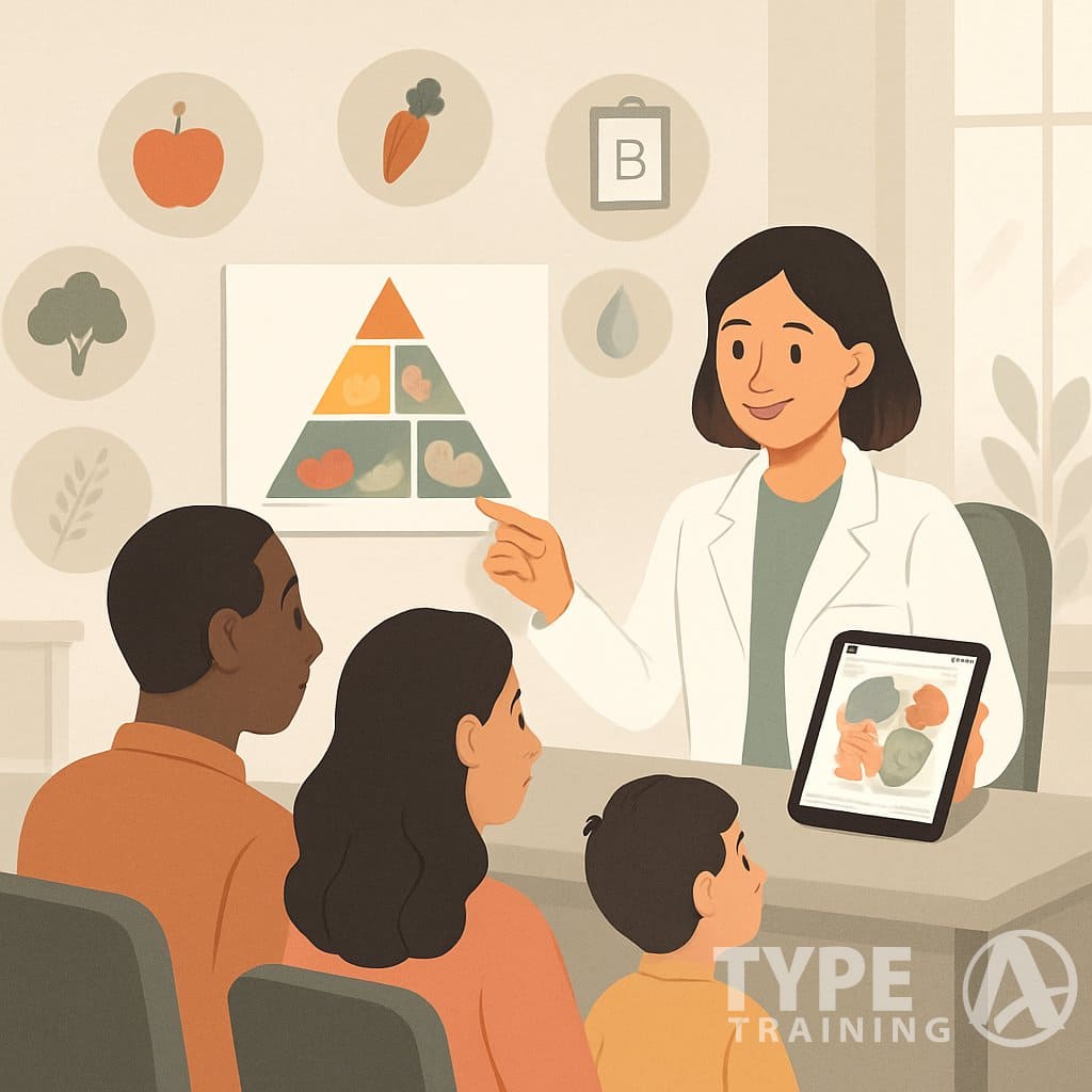 A nutritionist consulting with a diverse group of clients in a bright office, discussing healthy food choices with charts and icons representing nutrition.