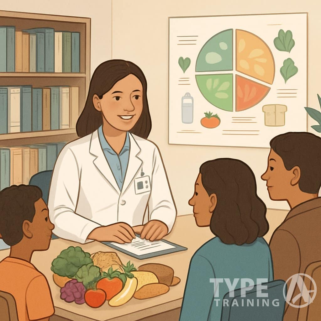 A nutritionist talking with a diverse group of people at a desk with healthy foods, surrounded by books and a chart showing balanced food groups.