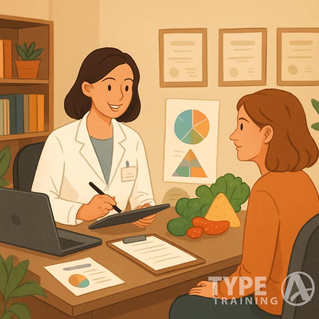 A nutrition professional consulting with a client at a desk surrounded by nutrition charts, food models, and books in a welcoming office.