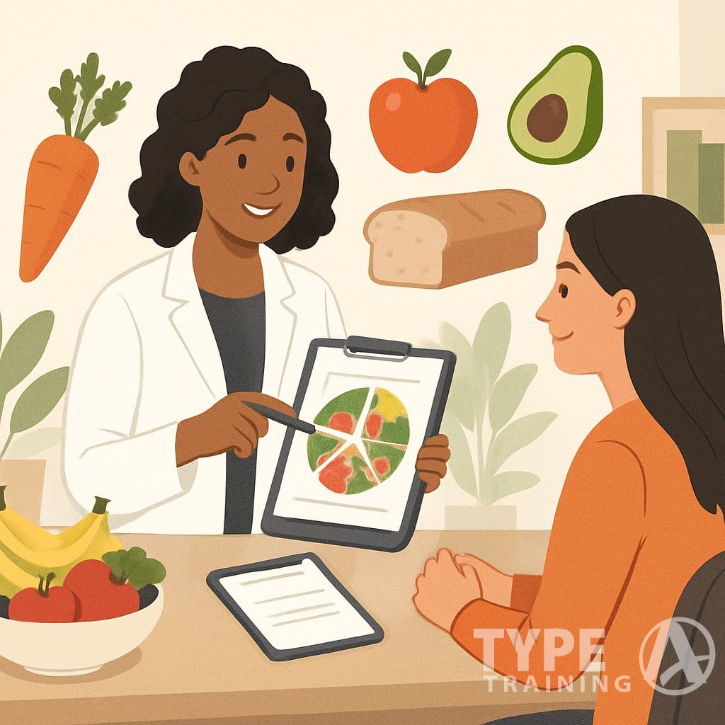 A nutrition coach meeting with a client in a bright office, discussing healthy foods using a food chart.