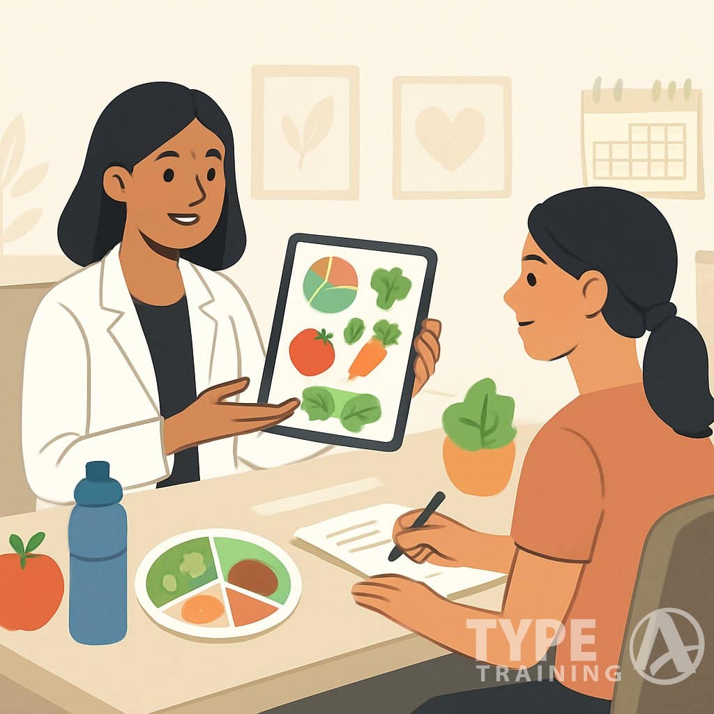 A nutrition coach and a client sitting at a desk discussing nutrition with charts and healthy food items around them.